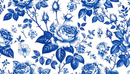 Detailed floral pattern of roses, buds, and leaves in shades of blue on a crisp white background