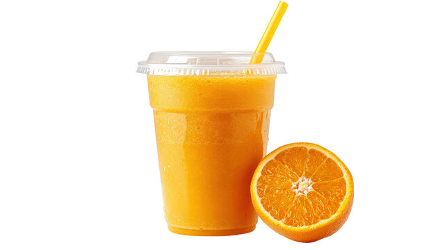 Orange juice in plastic cup with straw and orange slice isolated on a transparent background