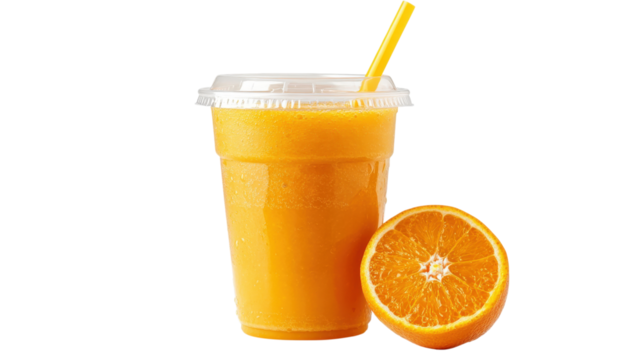Orange juice in plastic cup with straw and orange slice isolated on a transparent background - Powered by Adobe