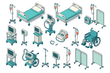 Isometric view of essential hospital room equipment including beds, monitors, and mobility aids