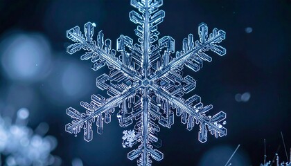 Detailed macro shot of a delicate, intricately patterned, symmetrical snowflake against a blurred, dark backdrop