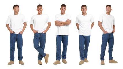 Obraz premium Young man wearing blue jeans on white background. Set of portraits