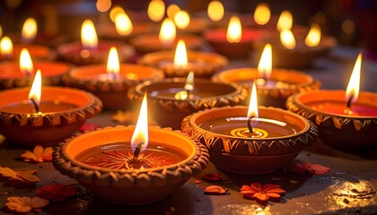 Collection of lit earthen diya oil lamps, glowing warmly in the dim light, close up shot of some