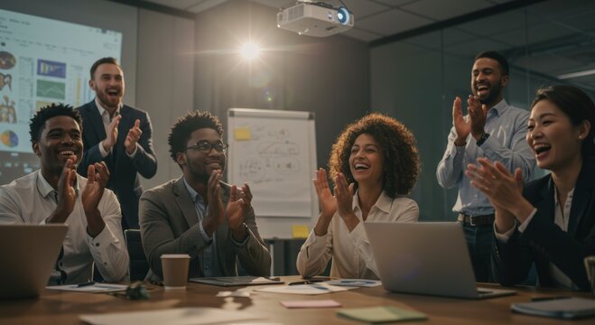 Diverse team celebrating success in modern office setting