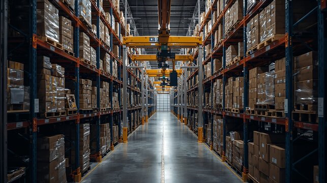 Warehouse interior showcasing organized shelves filled with packed goods, emphasizing storage and logistics