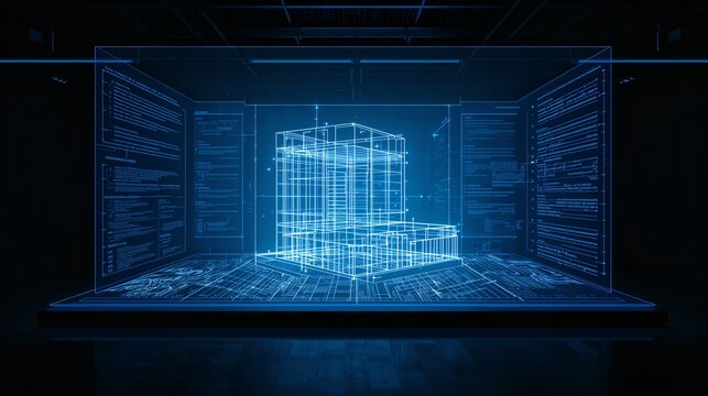 A Futuristic 3D building model showcased within a transparent interface with code display, symbolizing technological innovation and digital architecture
