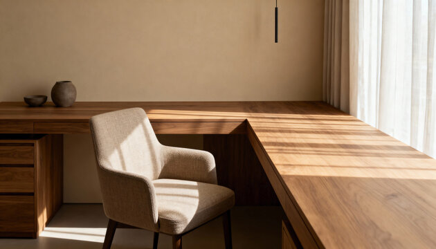 Minimalist home office interior with a modern wooden desk and armchair. Contemporary Japandi style workspace with natural light and shadows. Background with copy space - Powered by Adobe