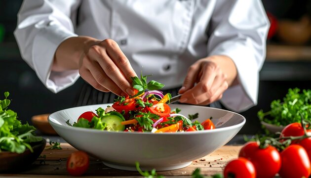 Chef adds fresh herbs to a vibrant salad, featuring colorful vegetables in a white bowl on a wooden board
