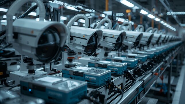 A row of security cameras on a production line, highlighting surveillance technology and industrial automation
