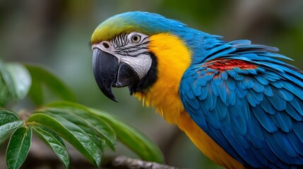 Fototapeta premium Blue and yellow macaw parrot looking into camera