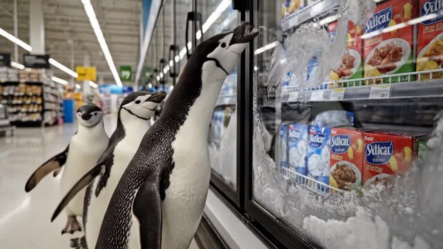 Three chinstrap penguins are walking in a line along a supermarket frozen food aisle, observing icy freezer display cases filled with packaged goods, creating a surreal and humorous scene