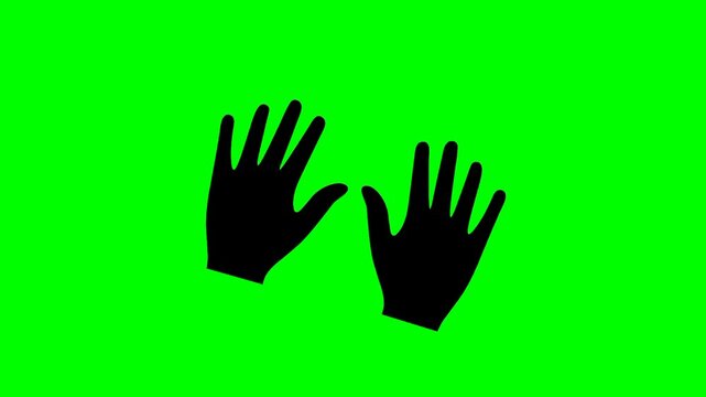 Cartoon of two moving palms signifying greeting or goodbye on a green background.