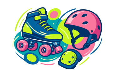 Neon roller skate and protective gear set including helmet and knee pad