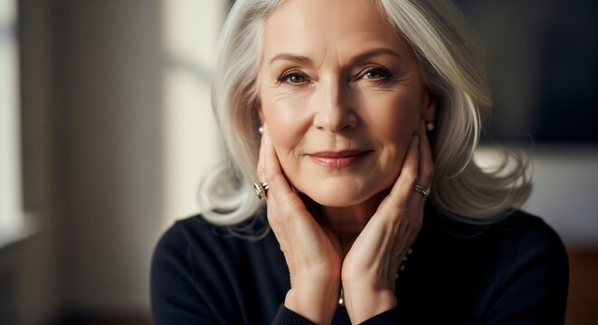 Elegant, confident senior woman with graceful silver hair radiating wisdom and warmth, her gentle smile conveying inner peace and sophisticated style.