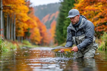 Fly fisherman releasing trout catch in river during autumn