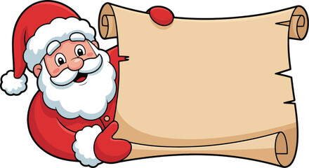 Santa Claus Holding Blank Scroll Vector ? Festive Cartoon Christmas Illustration with Red Outfit and White Beard for Holiday Message and Greeting Desig