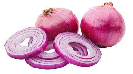 Red onions whole and sliced isolated on a transparent background