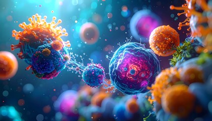 Colorful abstract depiction of microscopic cells, resembling viruses and immune responses, with a bokeh effect