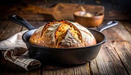 Crusty, golden sourdough bread loaf baked in a cast iron skillet on rustic wooden surface