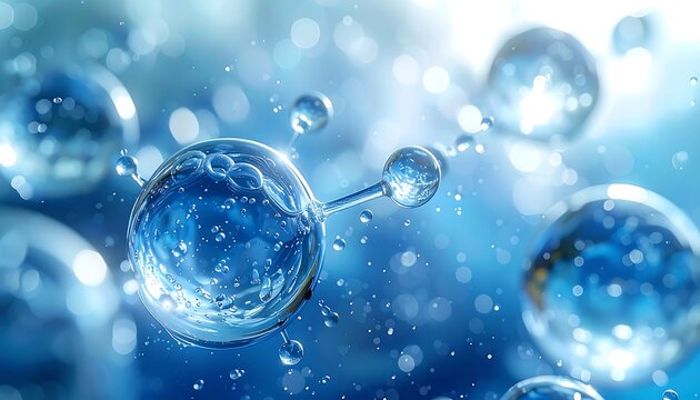 Crystal spheres connected by rods float in a blurry, light-filled blue space, resembling molecules or water