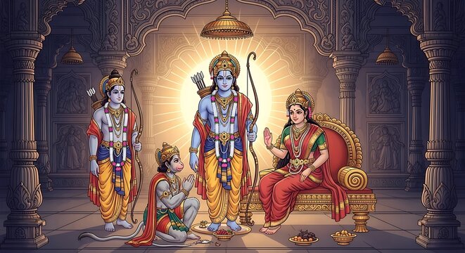 Divine Rama, Sita, Lakshmana, and Hanuman in sacred temple setting radiating spiritual aura and regal splendor, perfect for religious and cultural storytelling.