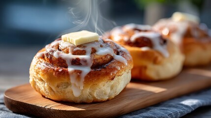 Warm cinnamon rolls topped with icing and melting butter