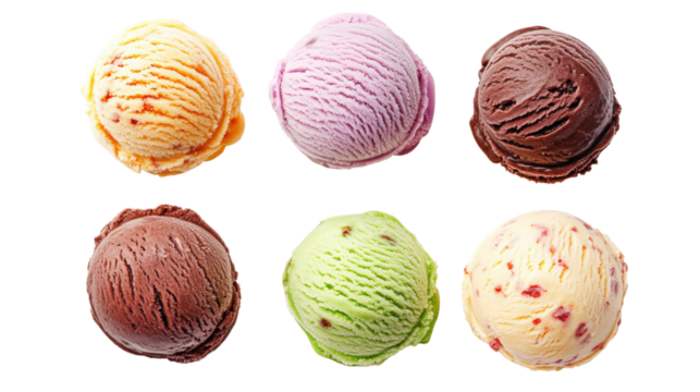 Six scoops of assorted ice cream isolated on a transparent background