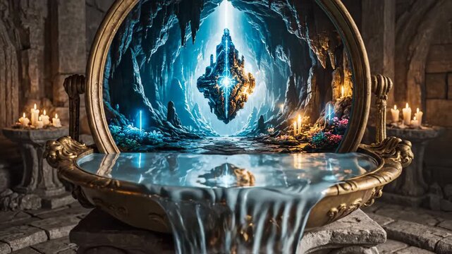 Golden basin holding swirling mystical water and a central vortex, placed on a weathered stone pedestal in a dimly lit, ancient temple chamber with flickering candles