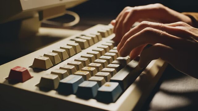 Typing on Old Computer Keyboard With Beige Keys