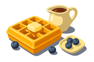 Golden waffle served with melting butter, sweet maple syrup, and fresh blueberries