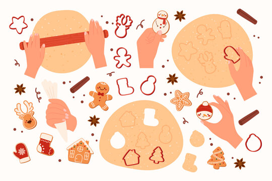 Set of elements for baking Christmas cookies. Hands rolling dough, cutting out cookie shapes and decorating gingerbread cookies. Festive composition with dough, home baking, and family traditions
