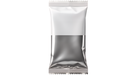 Sleek blank metallic silver and white foil sachet packaging, perfect for single-serving portions or samples, presented in high detail and isolated on a clean transparent background