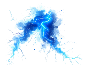 Vivid blue lightning cracks through a stormy, misty explosion