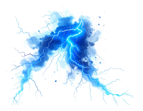 Vivid blue lightning cracks through a stormy, misty explosion