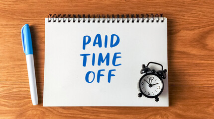 Paid Time Off written on a notebook with an alarm clock and marker on a wooden desk symbolizing employee benefits.