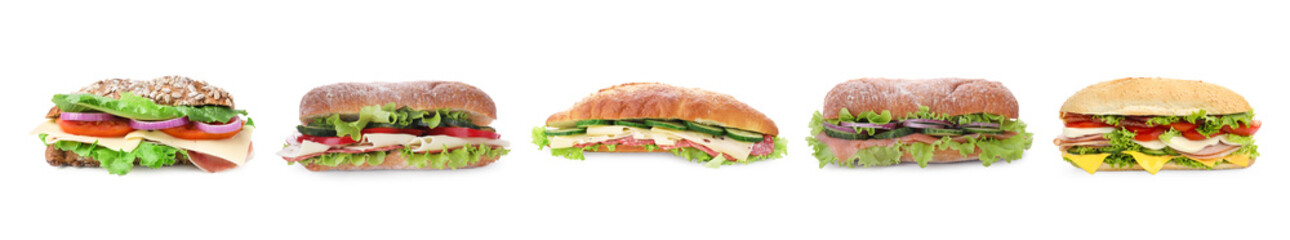 Set with delicious sandwiches of ciabatta on white background