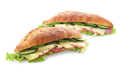 Delicious sandwiches of ciabatta on white background