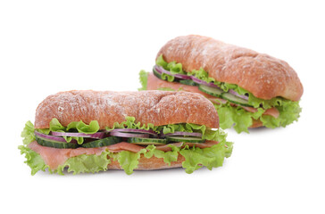 Delicious sandwiches of ciabatta on white background
