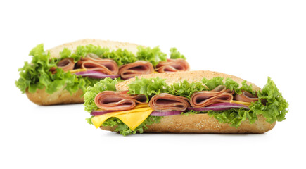 Delicious sandwiches of ciabatta on white background