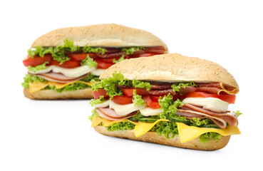 Delicious sandwiches of ciabatta on white background