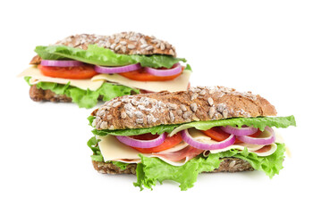 Delicious sandwiches of ciabatta on white background
