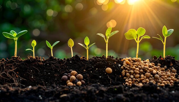 Sprout stages line across dark soil, backlit by sunburst with vibrant green foliage bokeh background