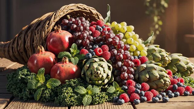Woven wicker cornucopia overflowing with colorful pomegranates, grapes, berries, artichokes, kale and mint on a wooden table, symbolizing autumn harvest abundance and healthy eating