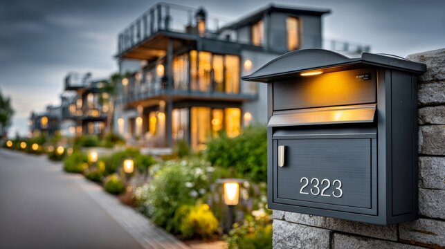 Modern mailbox with glowing address number at twilight