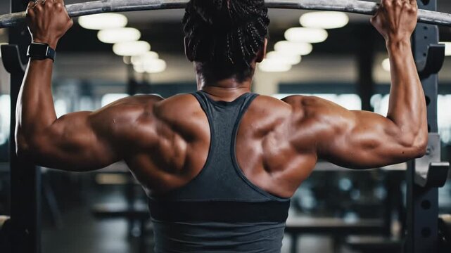 Woman performing a pull-up exercise, developing strength and muscle definition, clearly showing developed back and arm muscles during an intense fitness workout in a modern gym environment