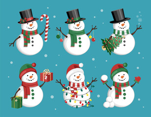 Set of cute Christmas snowmans celebrating holidays. Vector illustration
