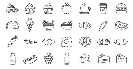 Collection of hand-drawn food illustrations featuring pizza, cupcakes, fruits, beverages, and desserts, perfect for coloring pages and creative projects with vibrant culinary themes