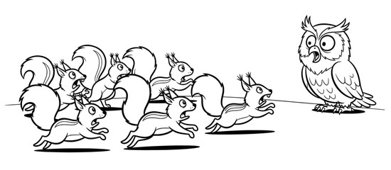 Illustration of a group of startled squirrels running away from an intimidating owl, showcasing a humorous wildlife interaction in a playful coloring page design