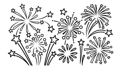 Fireworks coloring page featuring various starburst designs and shapes, ideal for creative expression and relaxation, perfect for children and adults alike