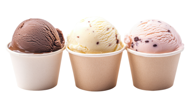 Three ice cream scoops in cups isolated on a transparent background